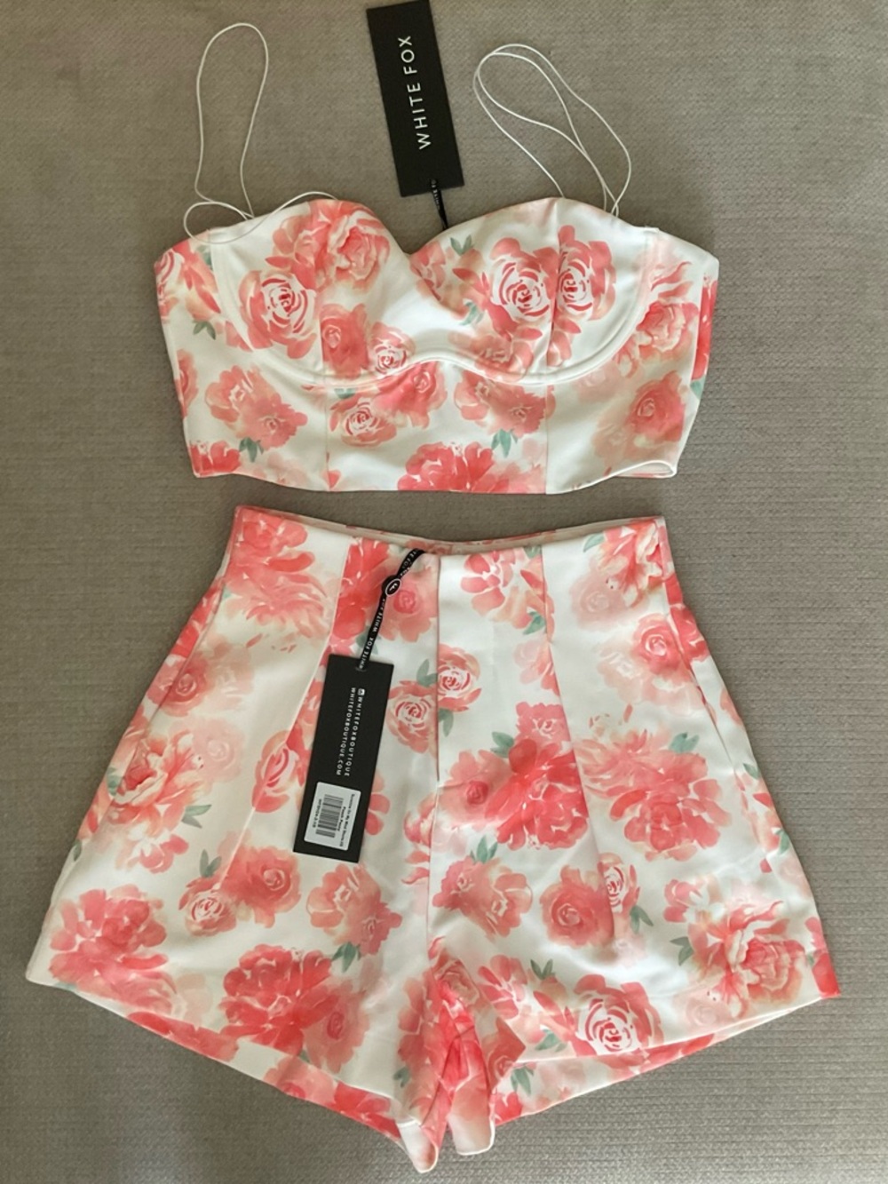 Coral Floral Bustier Crop Top & High-Waist Shorts Set